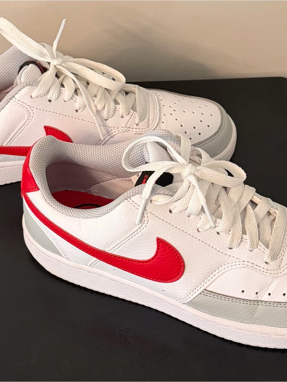 Nike Women's White Sneakers with Bright Red Swoosh and Gray Accents